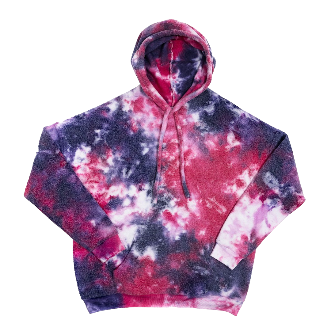 Berry Crush Cloud Cotton Hoodie in pink and purple tie-dye.